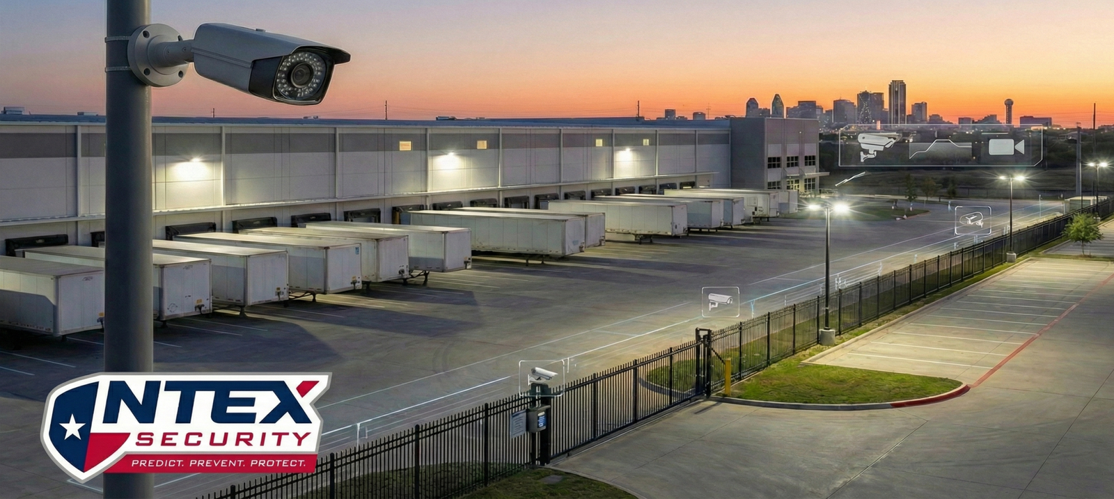 Warehouse perimeter lighting and camera coverage at a Dallas commercial property