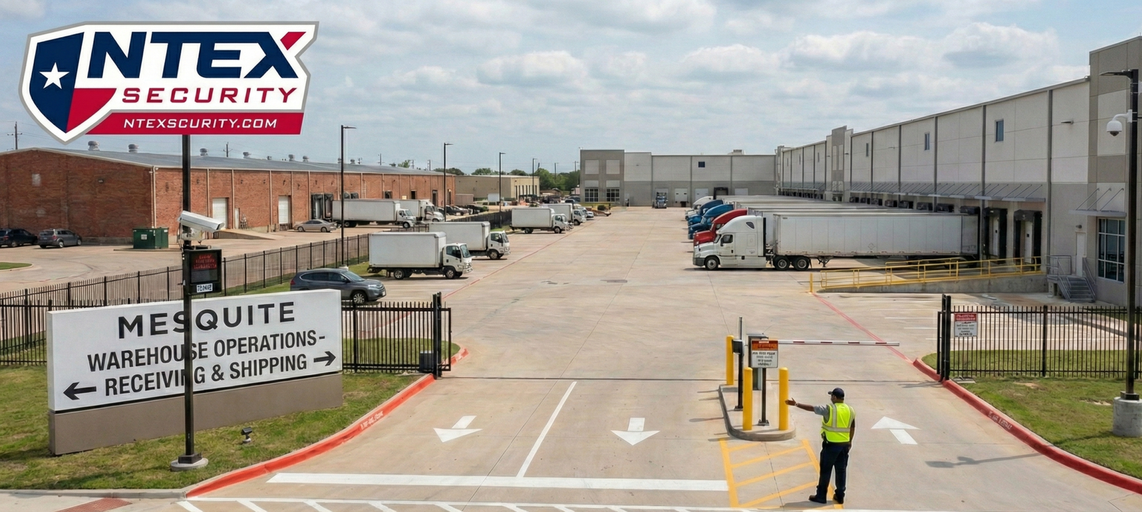 Warehouse entrance in Mesquite, Texas with driveway access and perimeter fencing