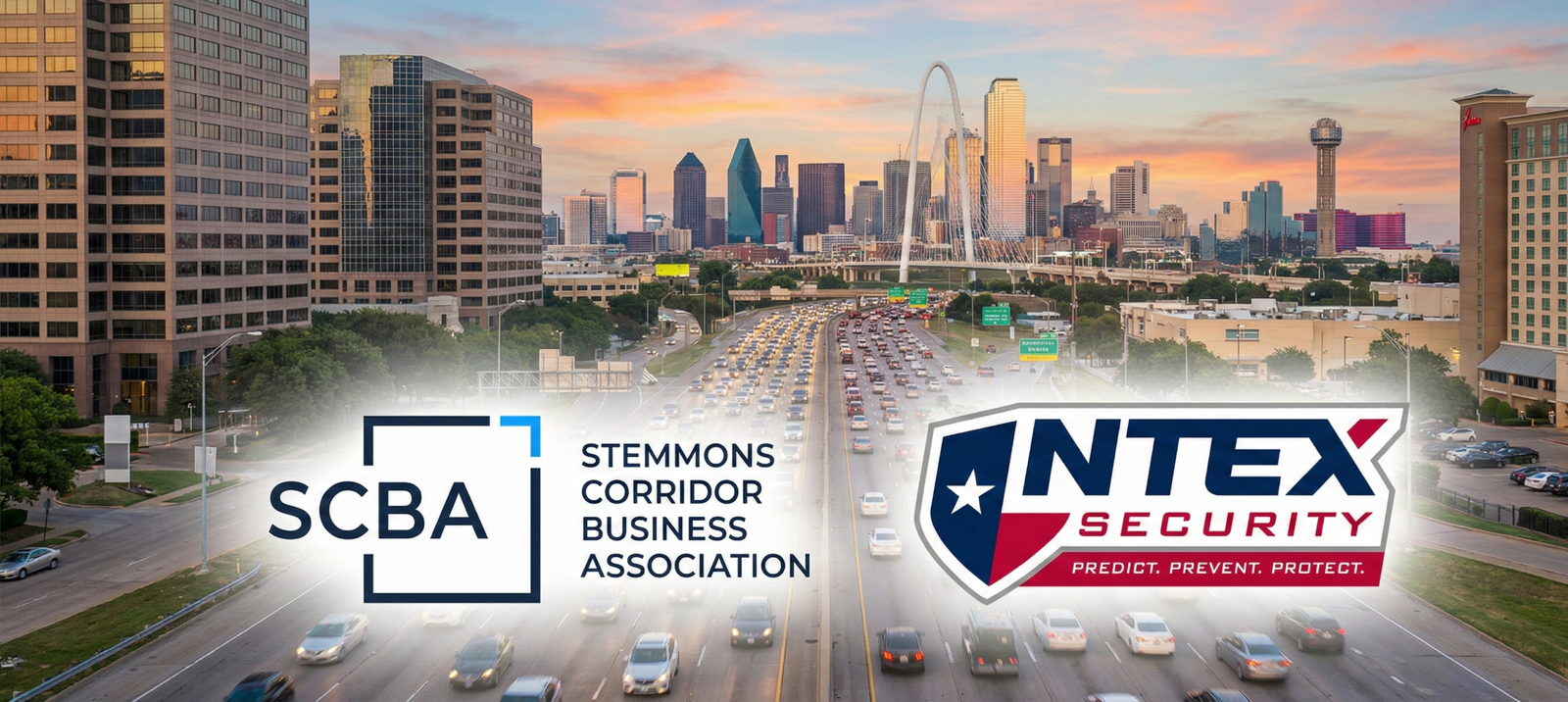 Partnership banner featuring the NTEX Security logo and the Stemmons Corridor Business Association (SCBA) logo overlaid on a scenic view of the Stemmons Corridor (I-35E) and the Dallas skyline at sunset.