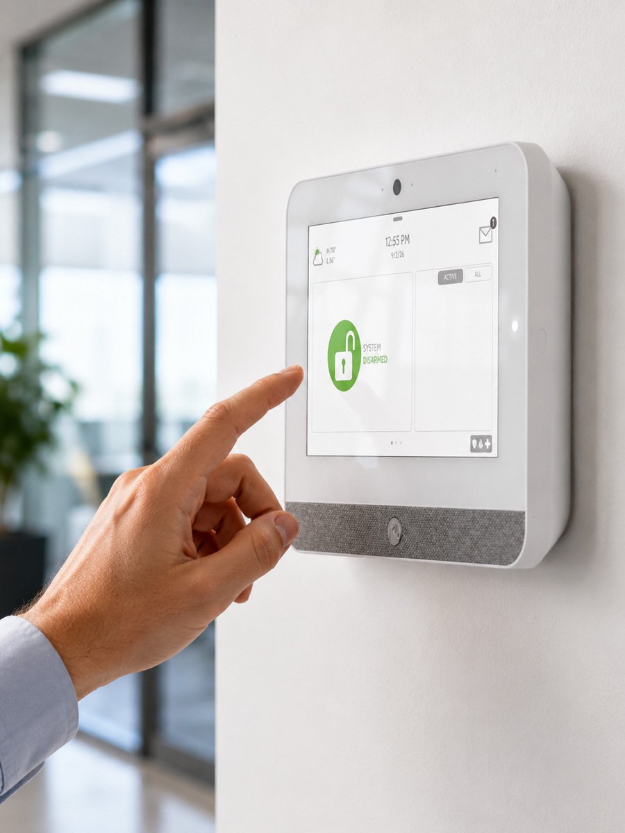 Arming a commercial alarm system panel at a North Texas business