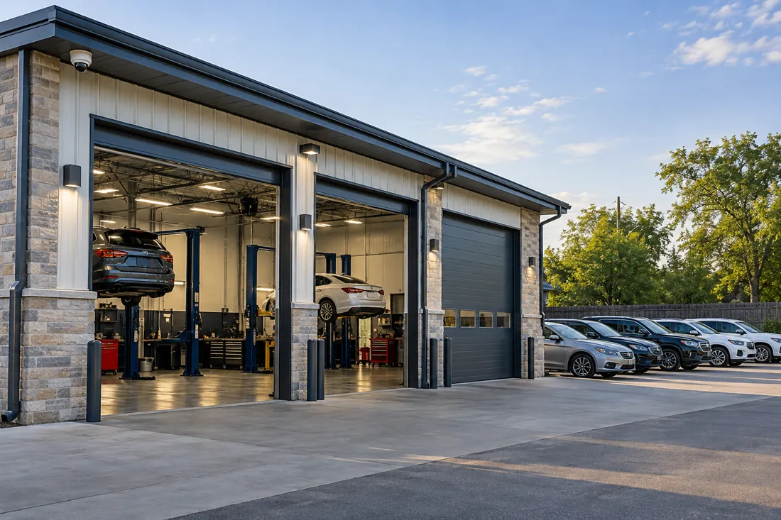 Auto service bays and adjoining vehicle lot with exterior security camera