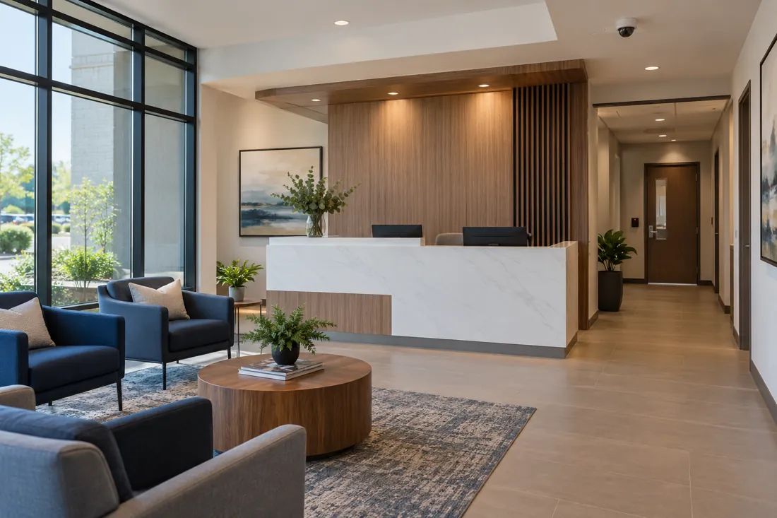 Clinic reception and waiting area with controlled staff access