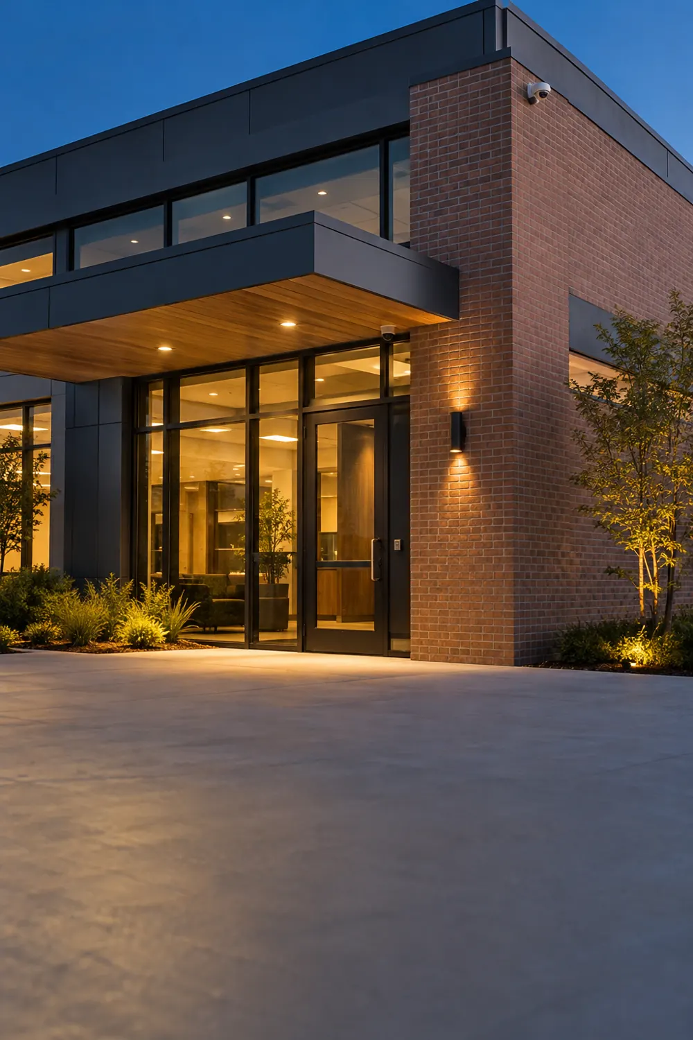 Modern brick commercial building with security camera and controlled entrance
