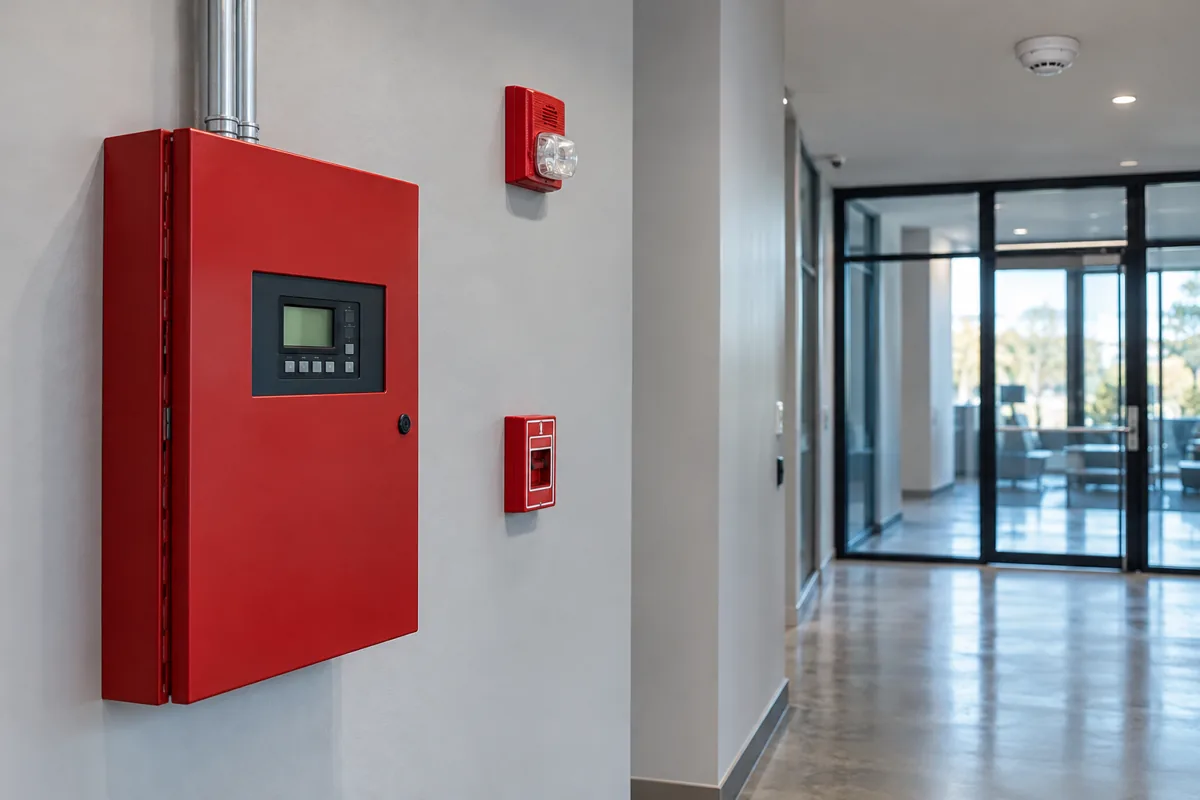 Commercial fire alarm control panel, manual pull station, horn strobe, and ceiling smoke detector
