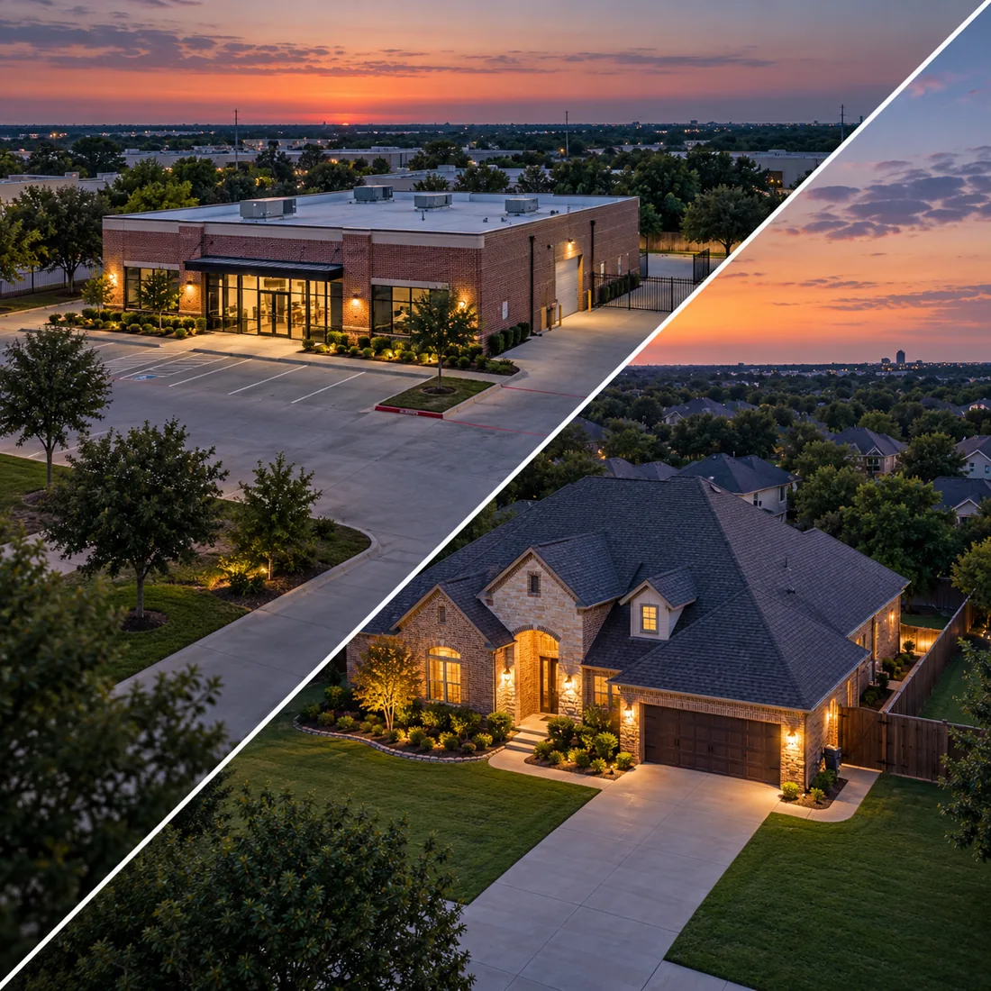 Aerial views of a commercial building and a home with illustrative security camera coverage callouts