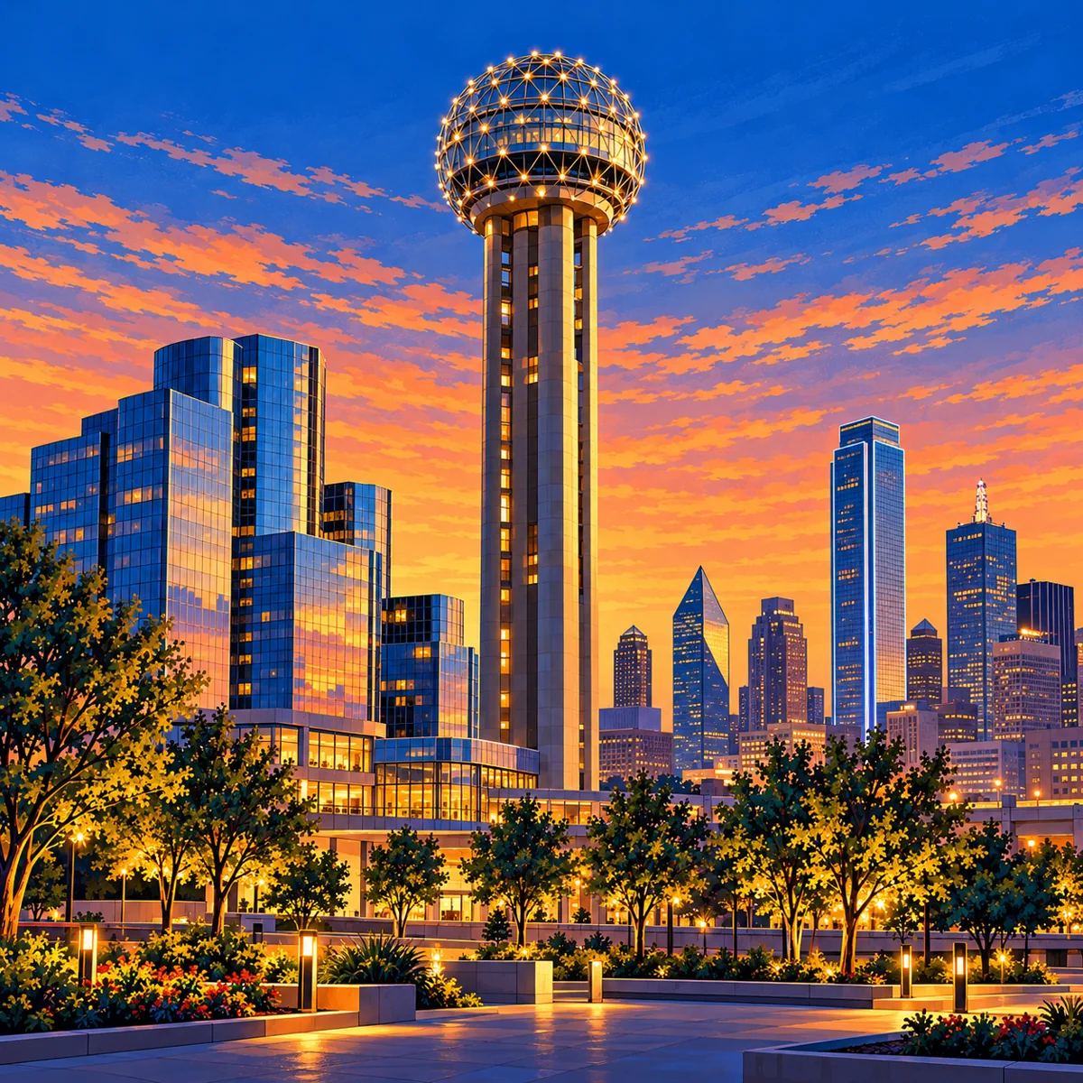 Security Systems in Dallas TX 2 Illustration of Reunion Tower and the Dallas skyline at twilight