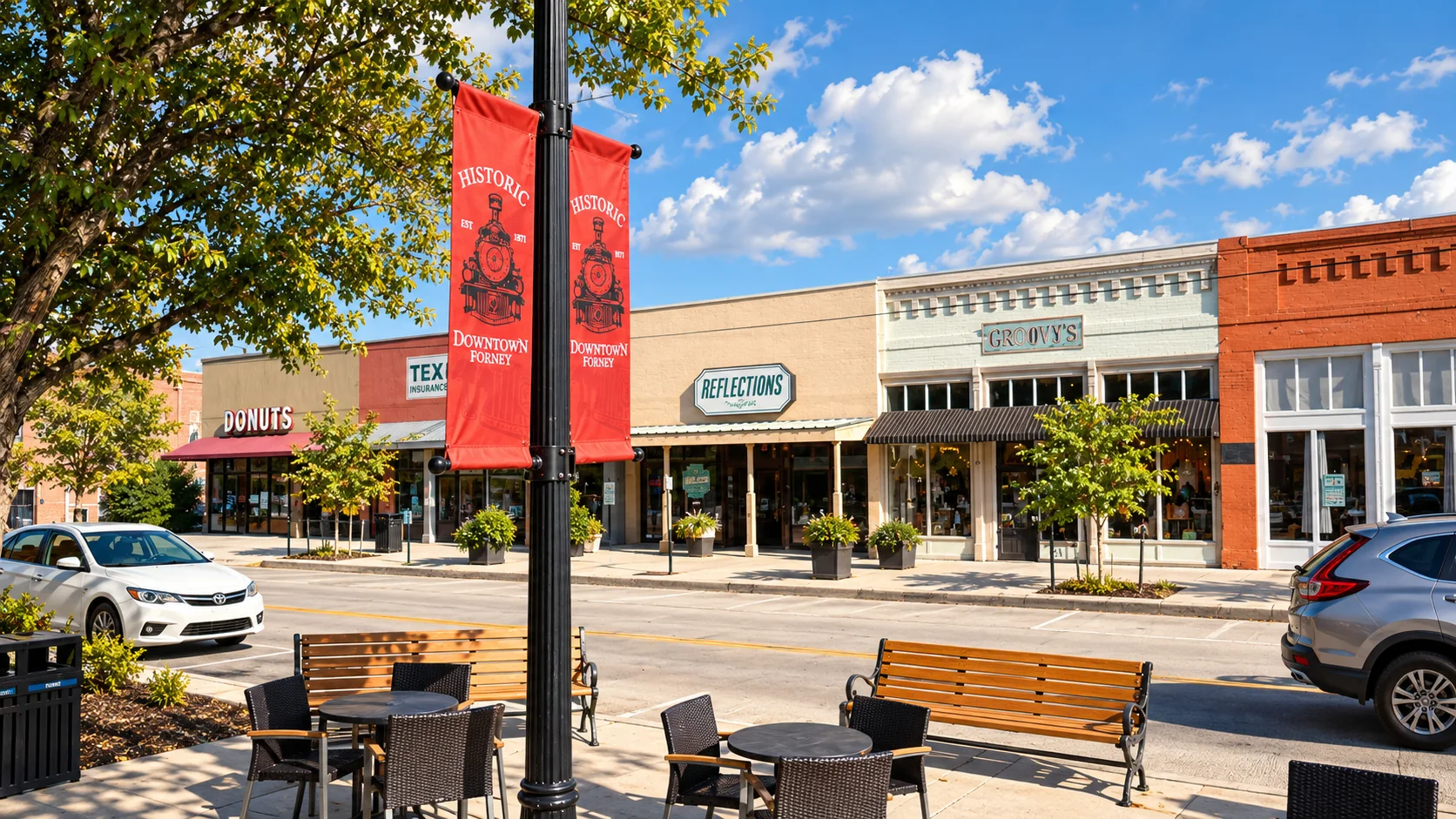 Photorealistic rendering of downtown Forney storefronts and red Historic Downtown Forney banners