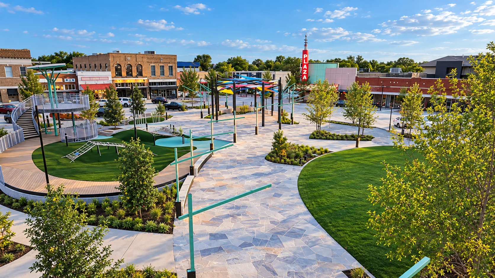 Security Systems in Garland TX 1 Photorealistic rendering of renovated Downtown Garland Square with the Plaza Theatre sign