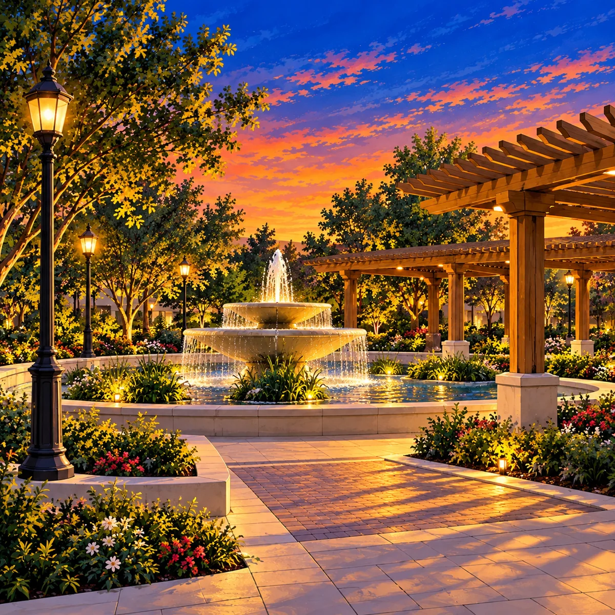 Security Systems in Garland TX 2 Illustration of the fountain and pergolas at Firewheel Town Center in Garland, Texas