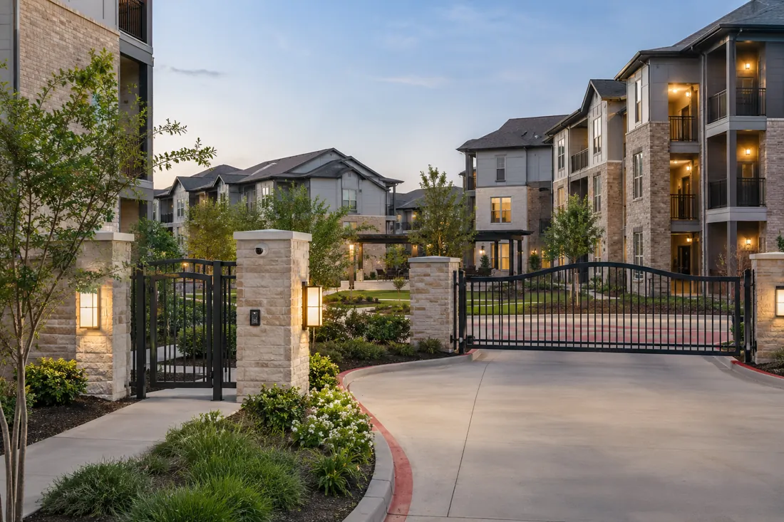 Apartment community with gated vehicle and pedestrian entrances