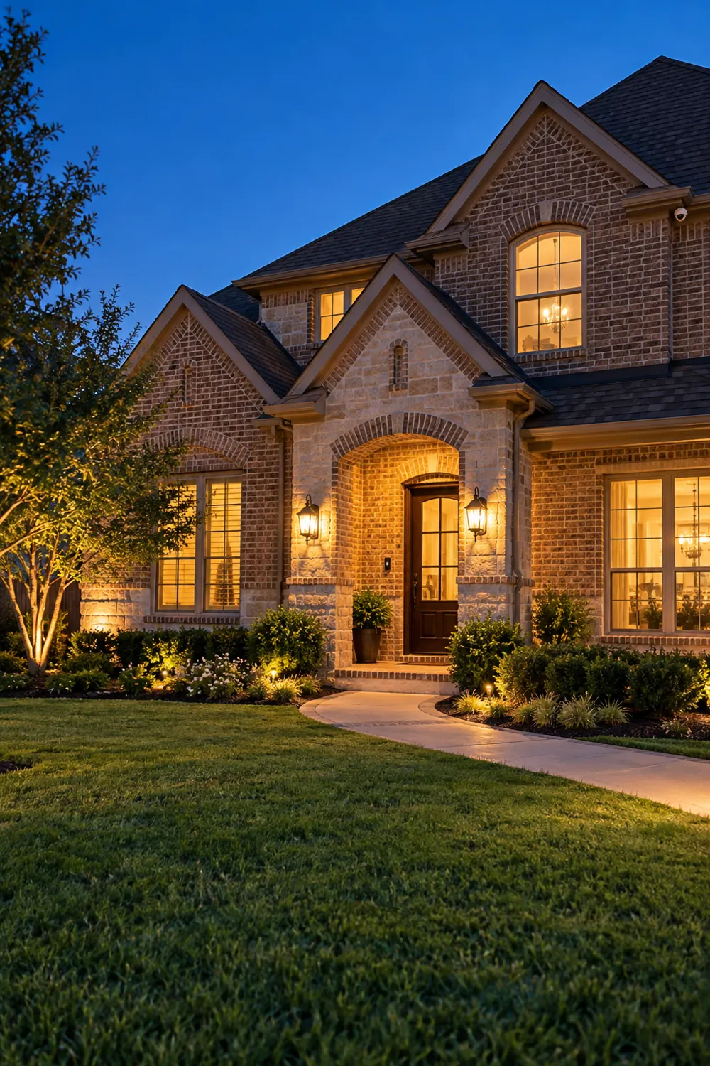 North Texas brick home with porch lighting and discreet security devices
