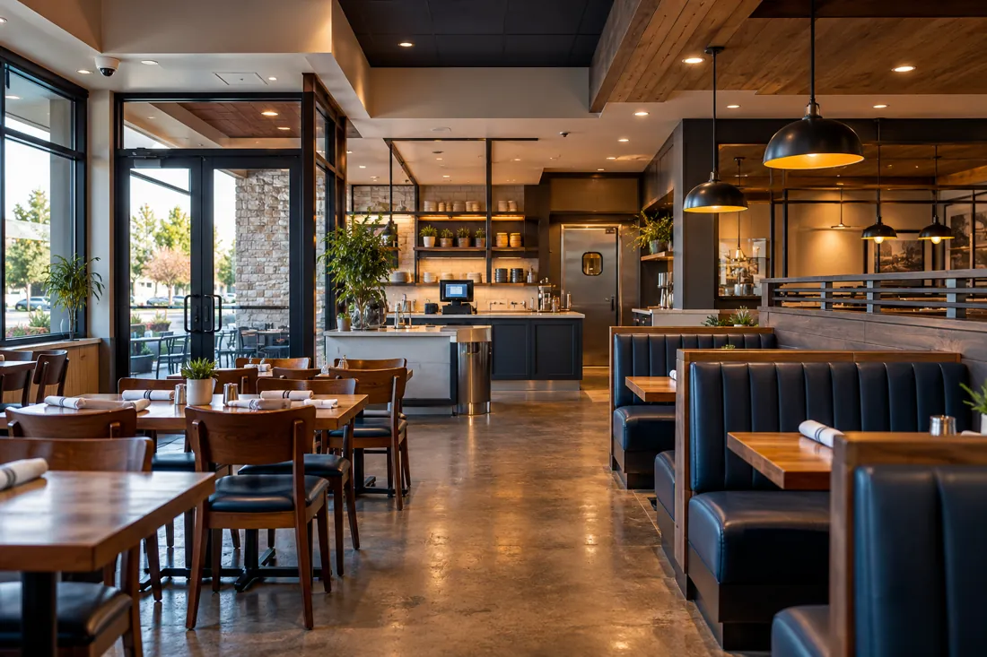 Restaurant dining area with entrance camera, register, and service door