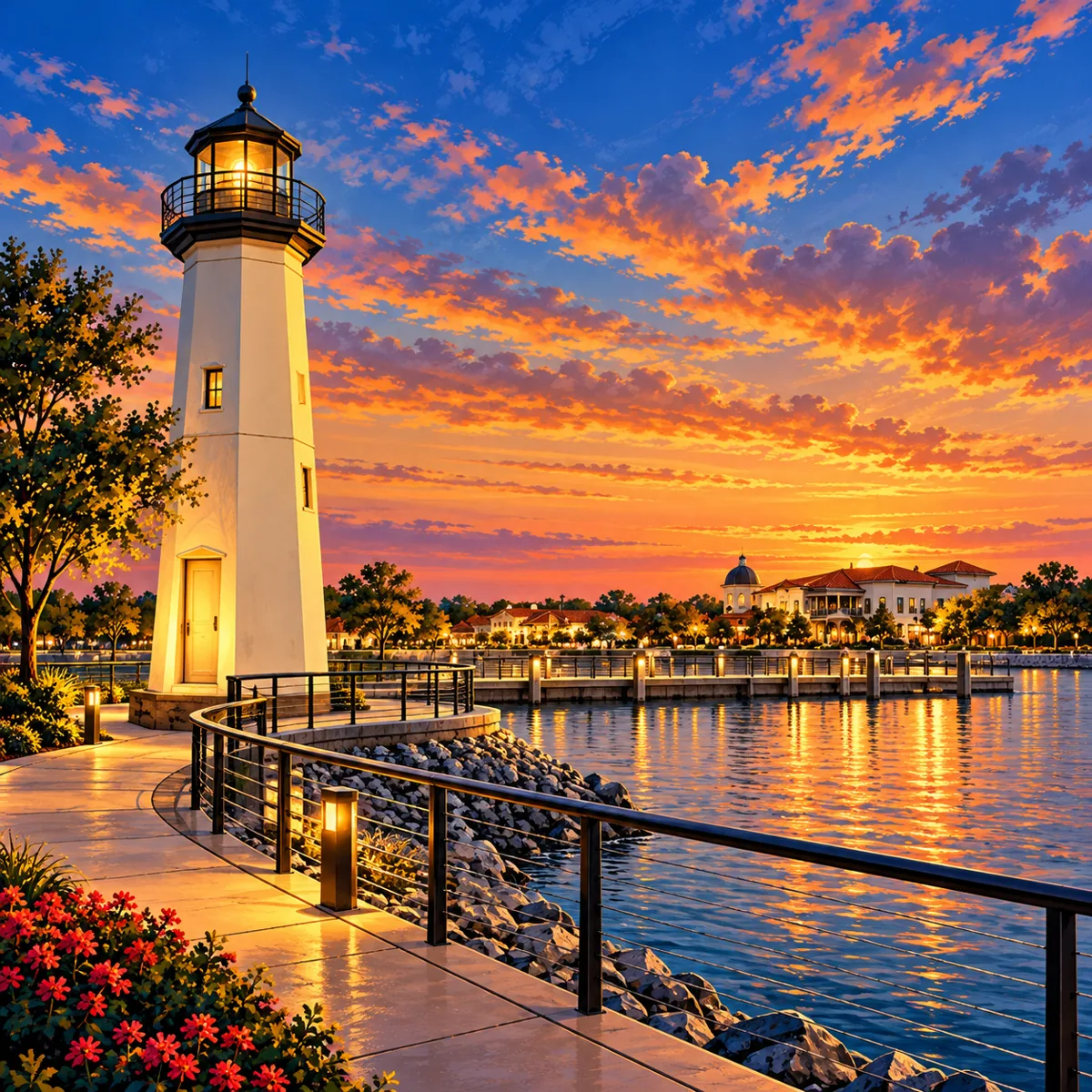 Security Systems in Rockwall TX 2 Illustration of The Harbor lighthouse and Lake Ray Hubbard in Rockwall, Texas