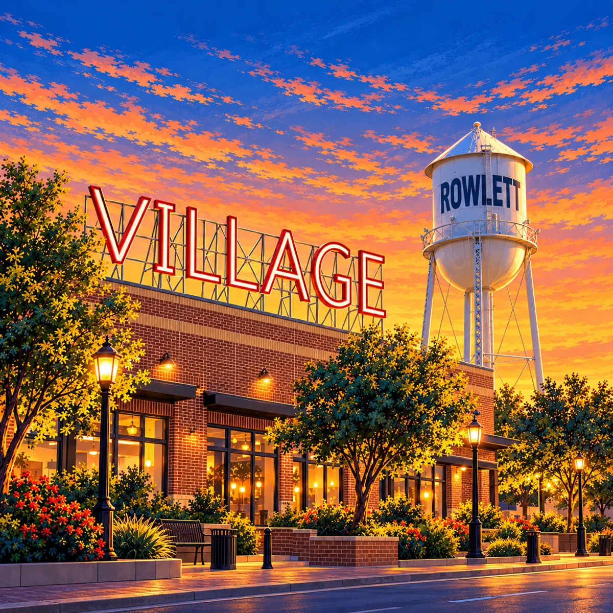 Security Systems in Rowlett TX 2 Illustration of the historic Rowlett water tower and Village sign on Main Street