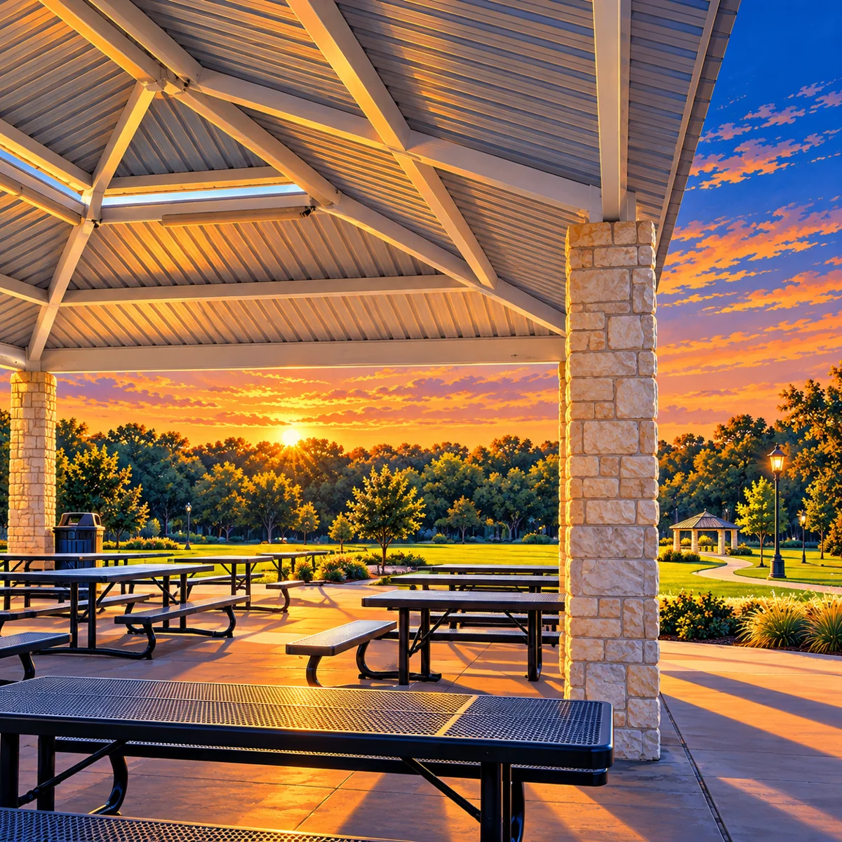 Illustration of the pavilion and landscape at Town Center Park in Sunnyvale, Texas