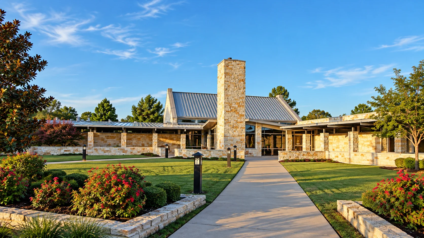 Photorealistic rendering of Sunnyvale Town Hall with its limestone facade and landscaped entrance