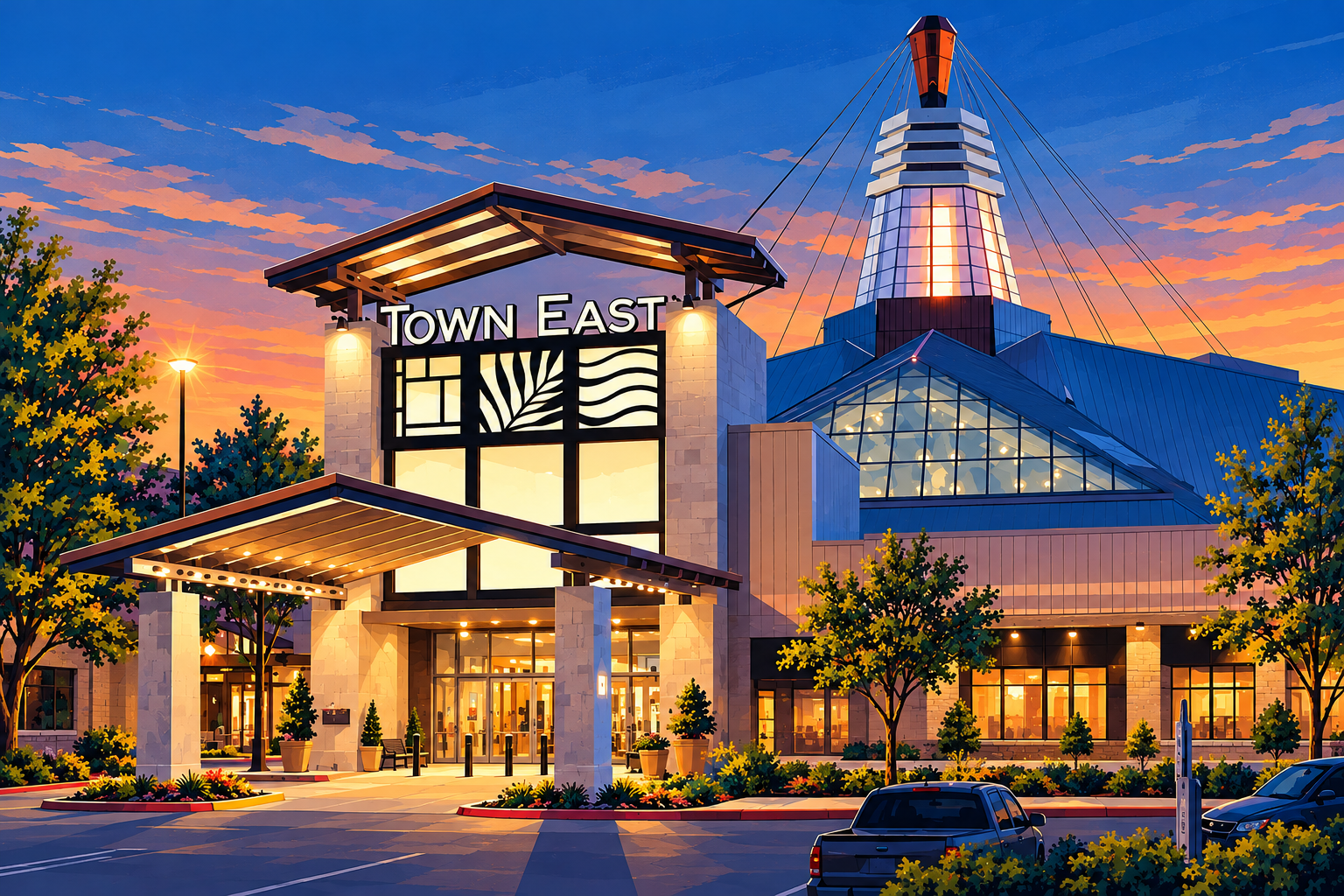 Security Systems in Mesquite TX 2 Illustration of Town East Mall in Mesquite Texas at twilight
